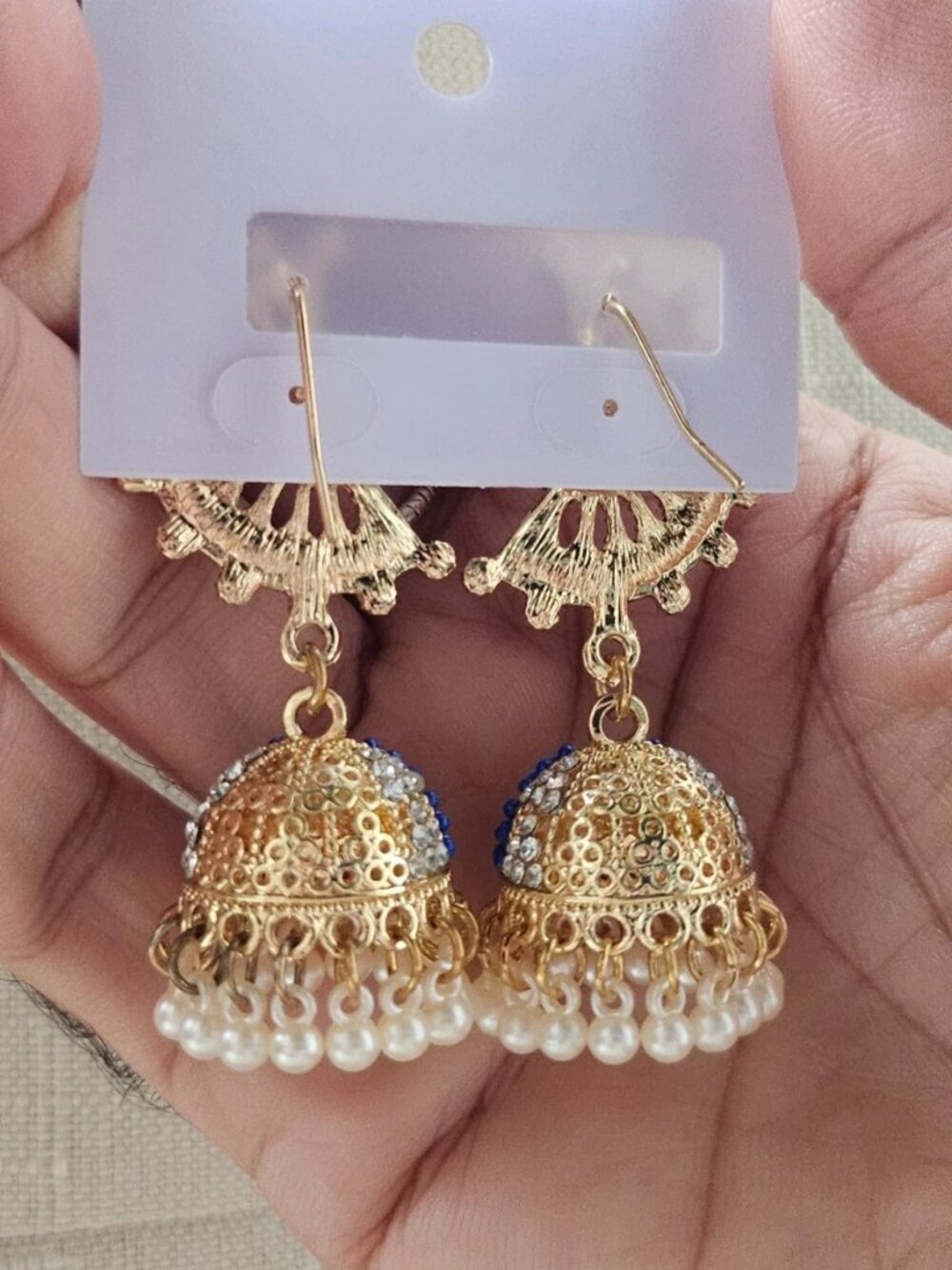 Jhumka Earrings Blue Tone Bead Gold Tone Chandelier High Quality Fashion Jewelry - Picture 8 of 12